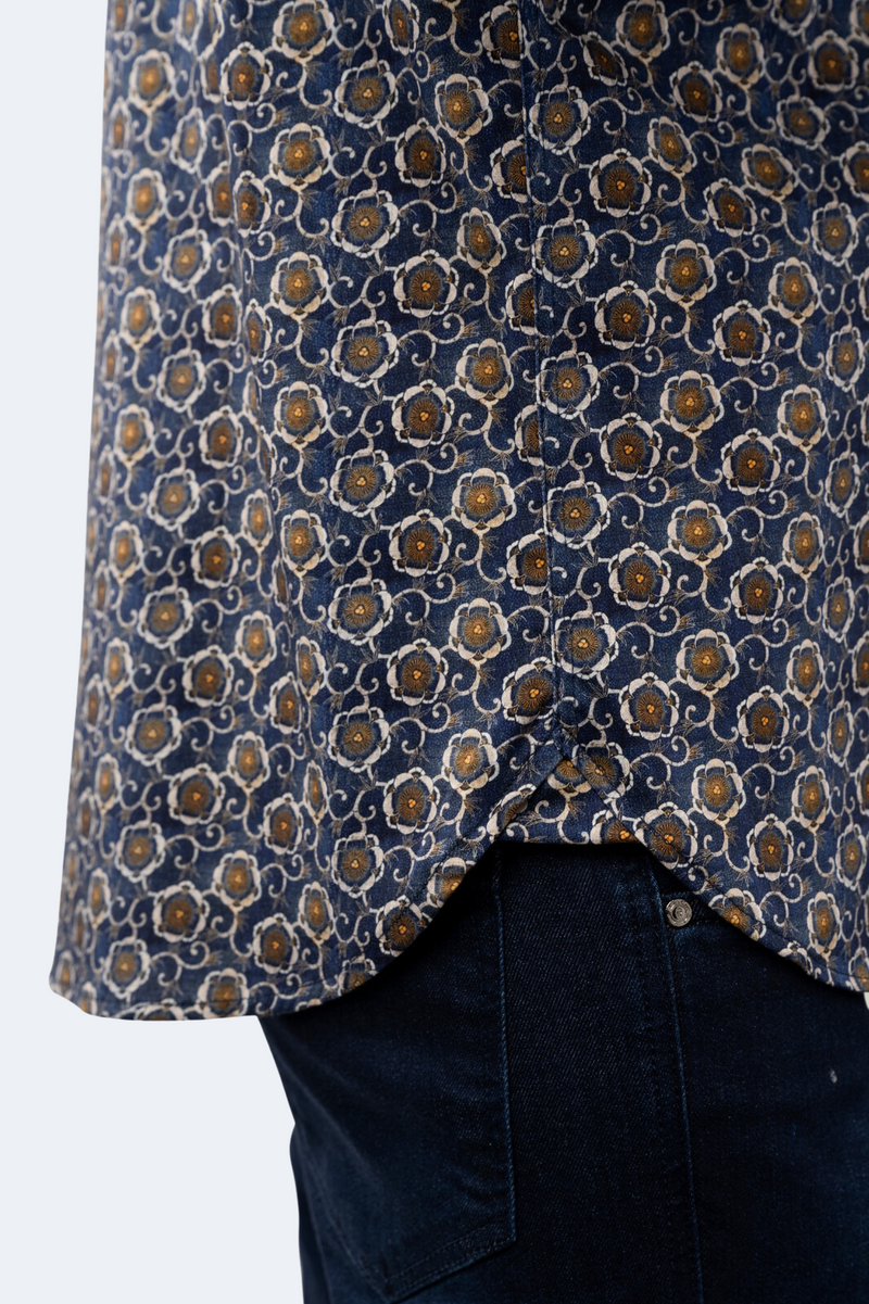 Navy with Gold, Beige and Orange Floral Shirt