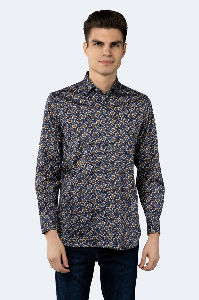 Navy with Gold, Beige and Orange Floral Shirt