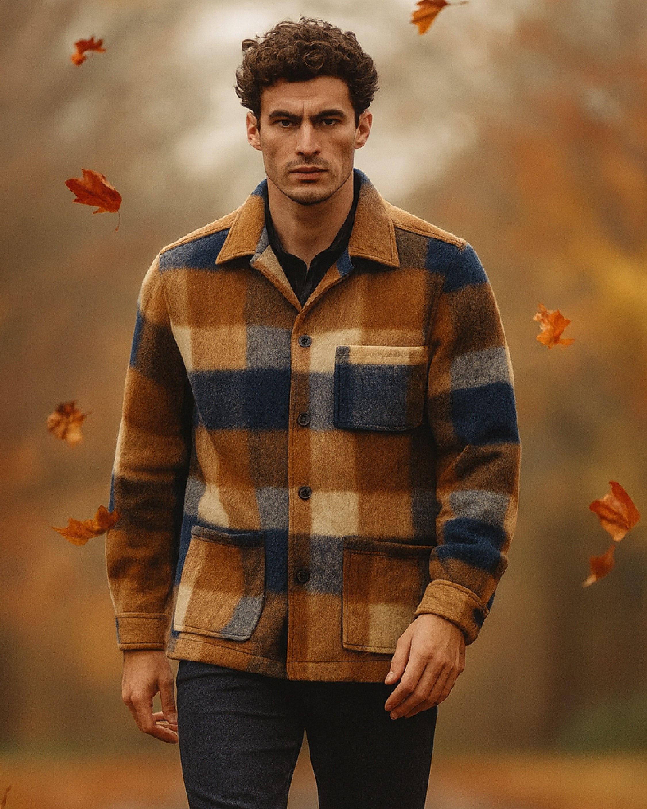 Brown, Navy, and Beige Plaid Wool Shacket