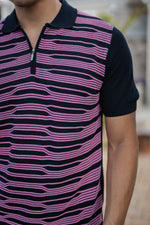 Navy with Dark Pink Zip Design Short Sleeve Knit Polo