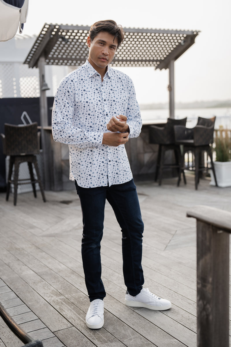 Blue, Navy, and White Hat Print Long Sleeve Shirt