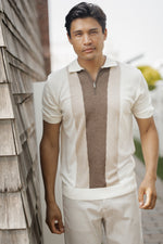 Ecru, Oatmeal, and Melange Chocolate Front Panel Short Sleeve Knit Polo