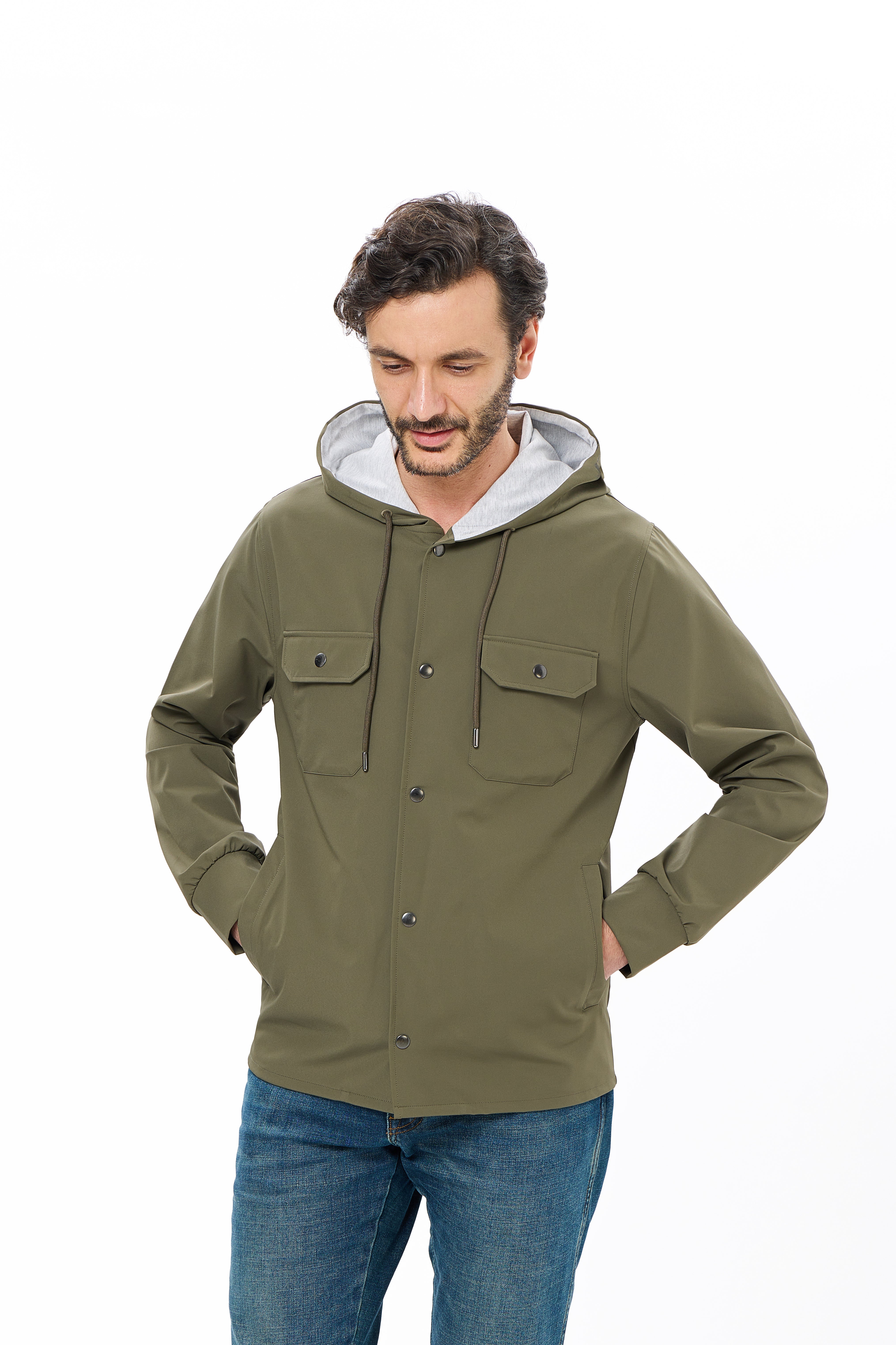 Olive Snap Overshirt with Technical Hoodie