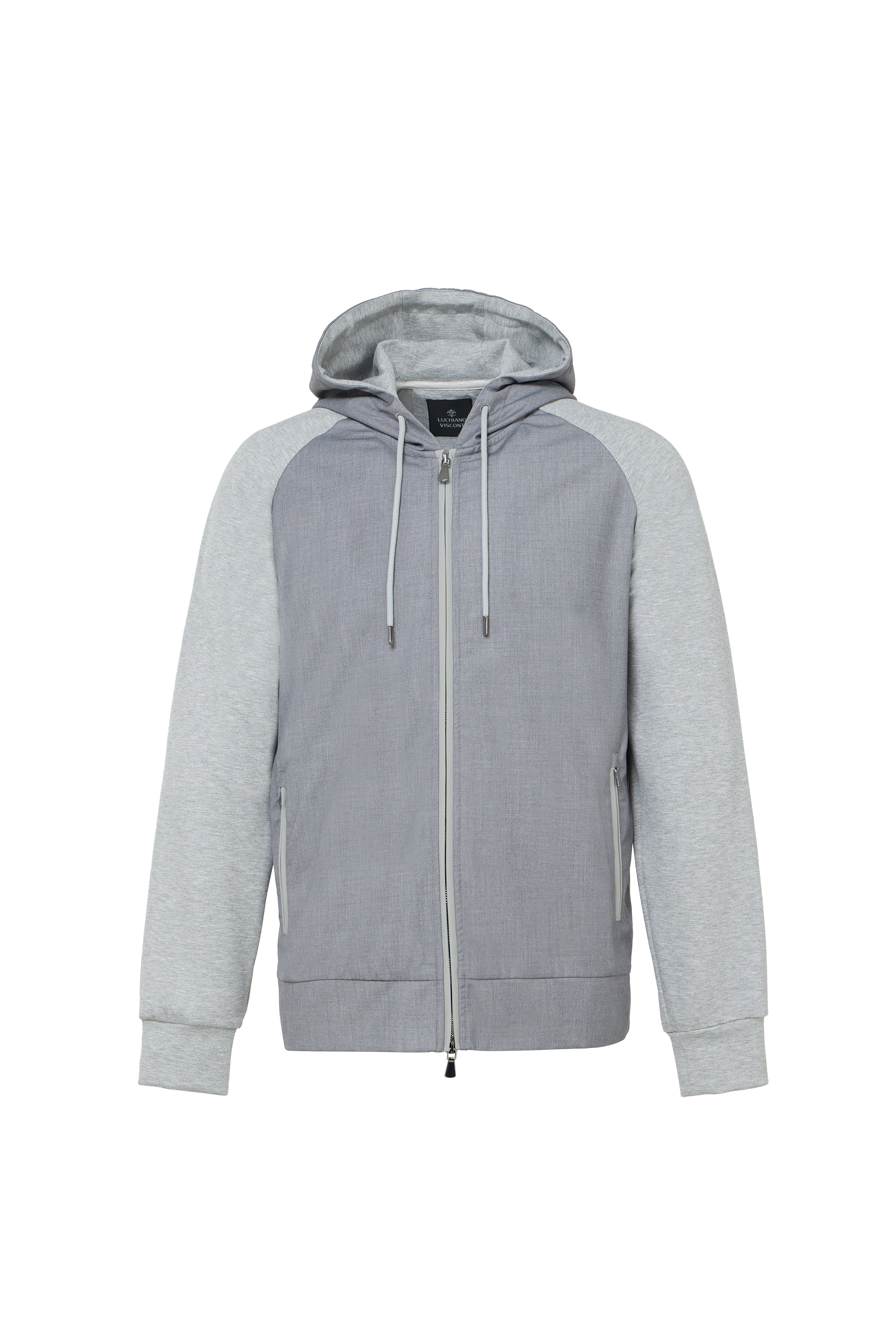 Grey Full Zip Hoodie with Double Faced Interlock Sleeves