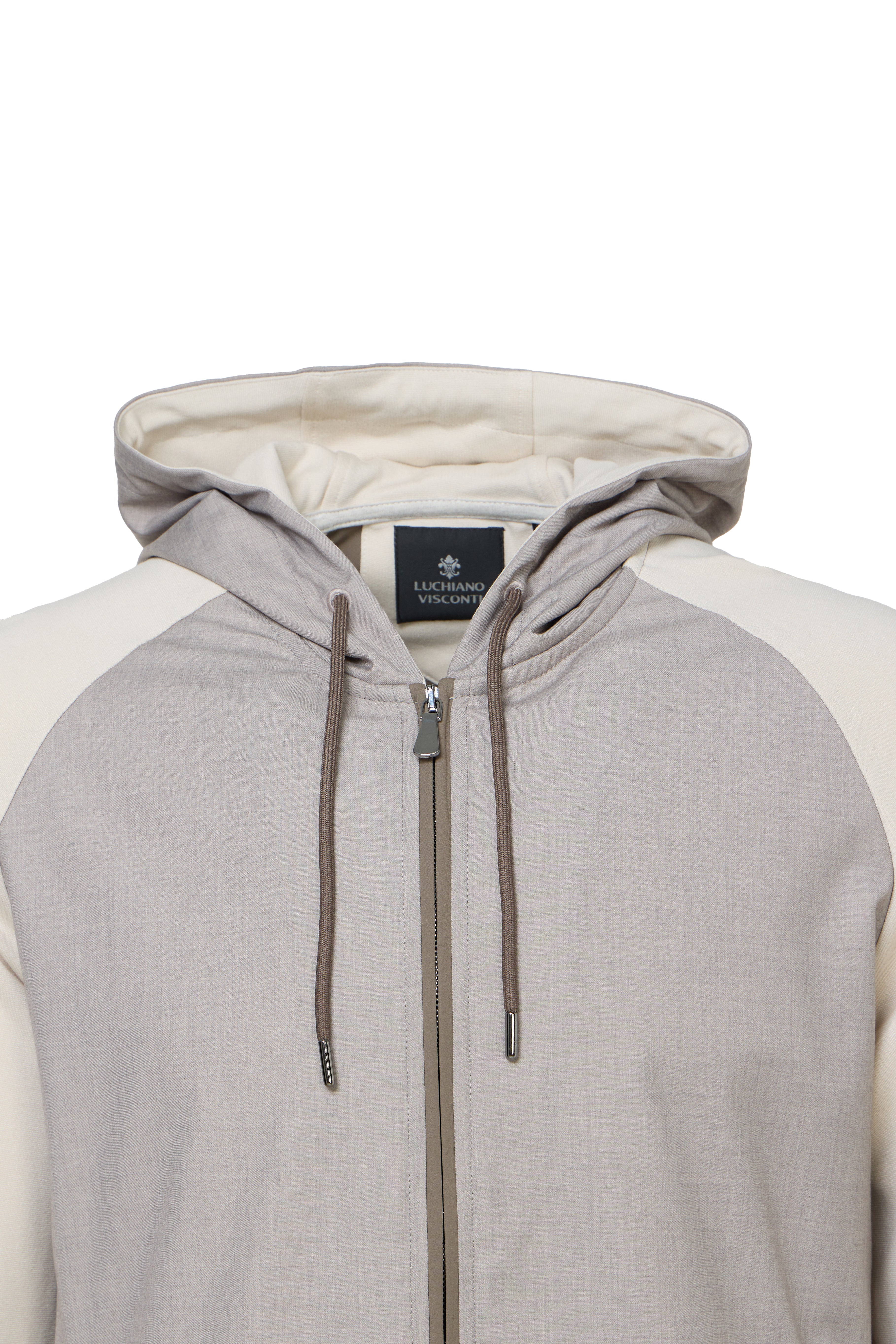 Taupe Full Zip Hoodie with Double Faced Interlock Sleeves
