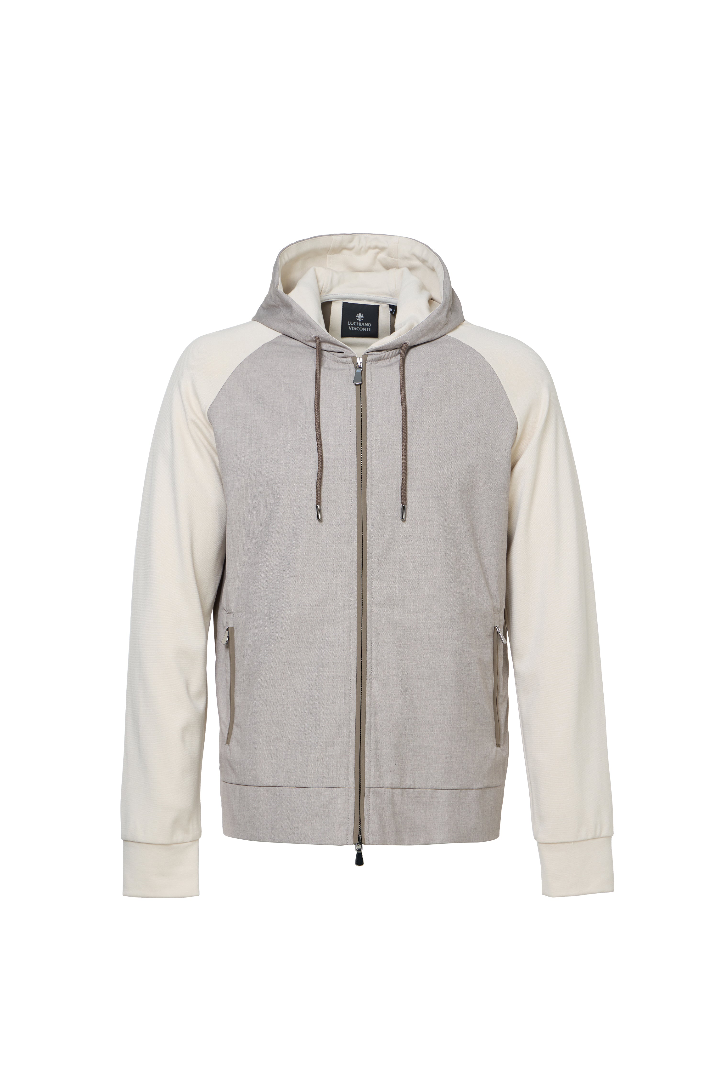 Taupe Full Zip Hoodie with Double Faced Interlock Sleeves