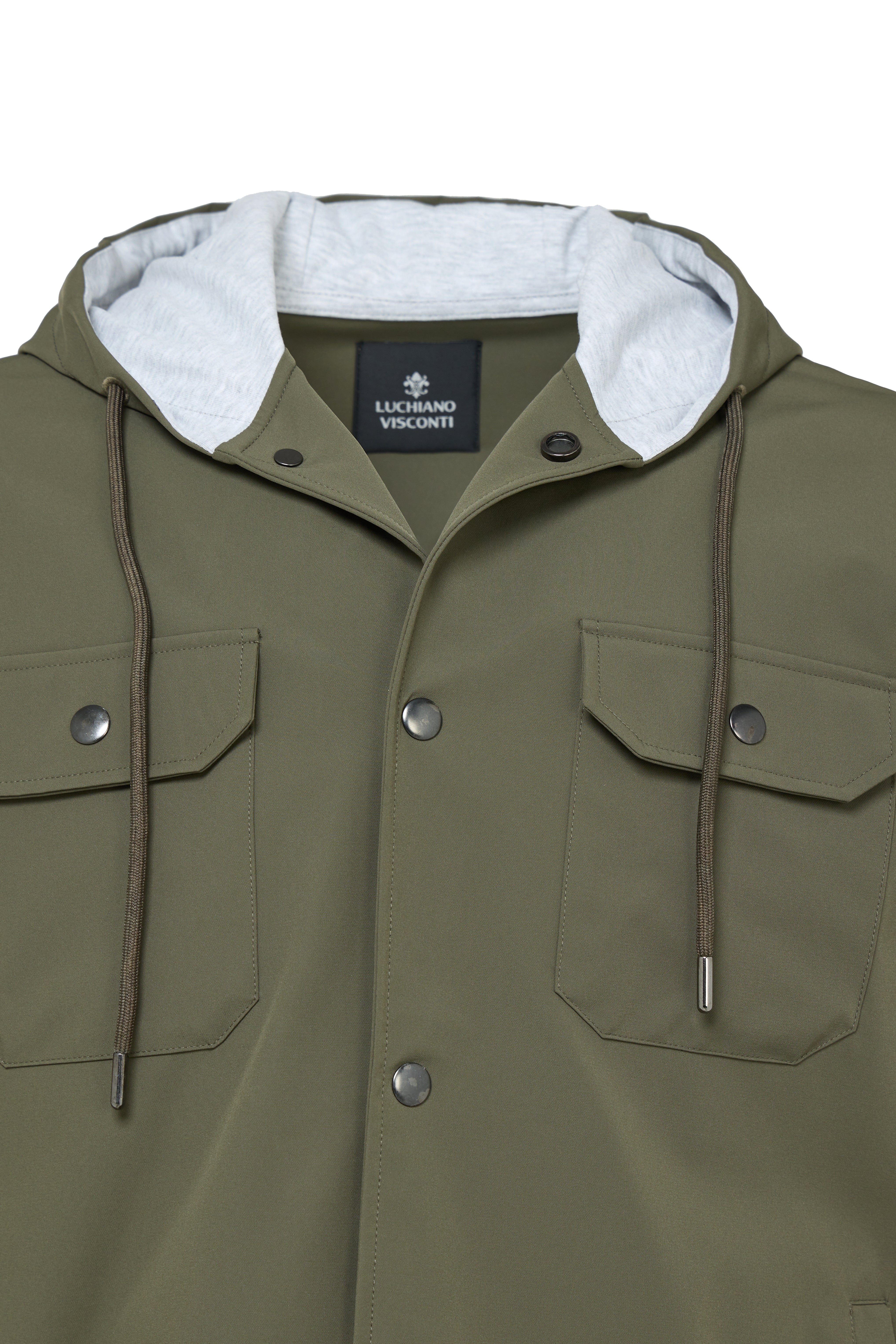 Olive Snap Overshirt with Technical Hoodie