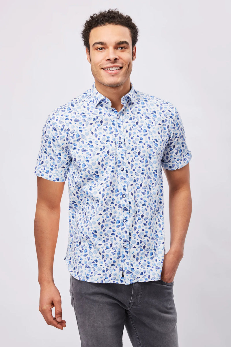 Max Colton White with Navy & Blue Seashells Short Sleeve Shirt