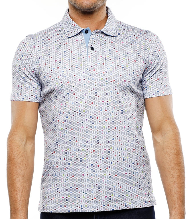 White Polo with Multicolor Floral Shapes (Tall)