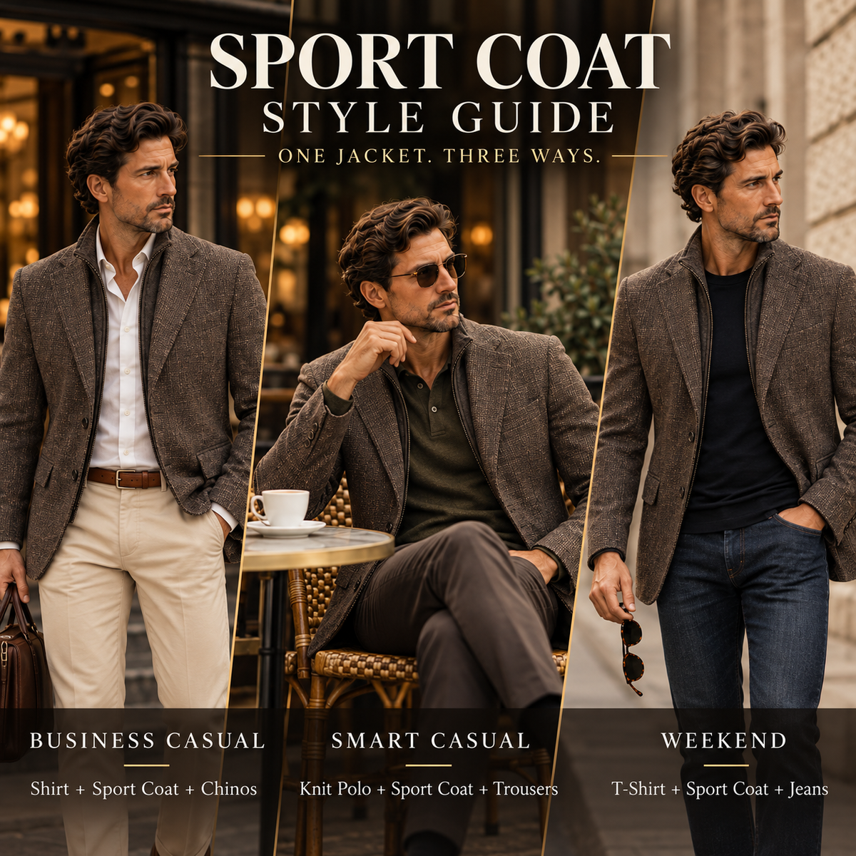 Men's sport coat styled three ways for business casual, smart casual and weekend outfits