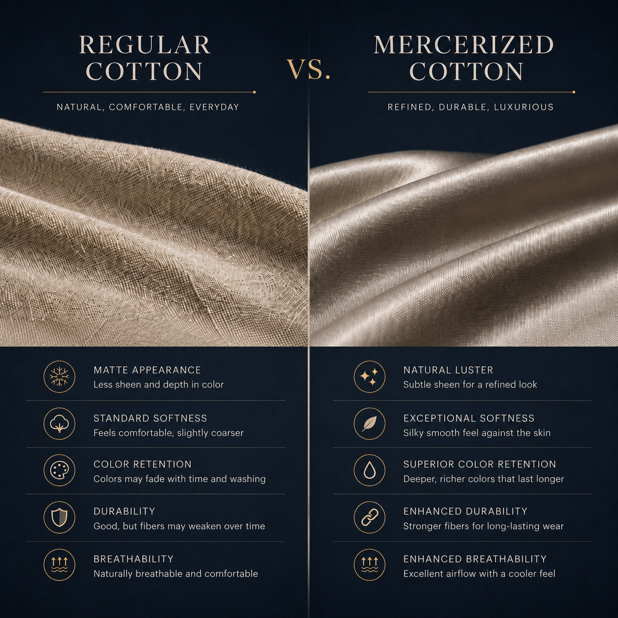 Side-by-side comparison of regular cotton and mercerized cotton fabric showing differences in texture, sheen, softness, and durability.
