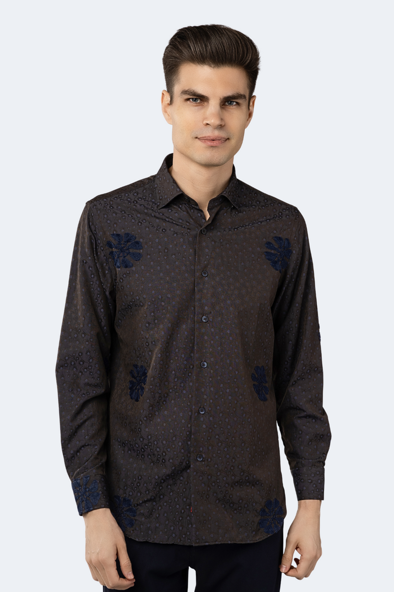 Brown and Navy Jacquard Floral Shirt