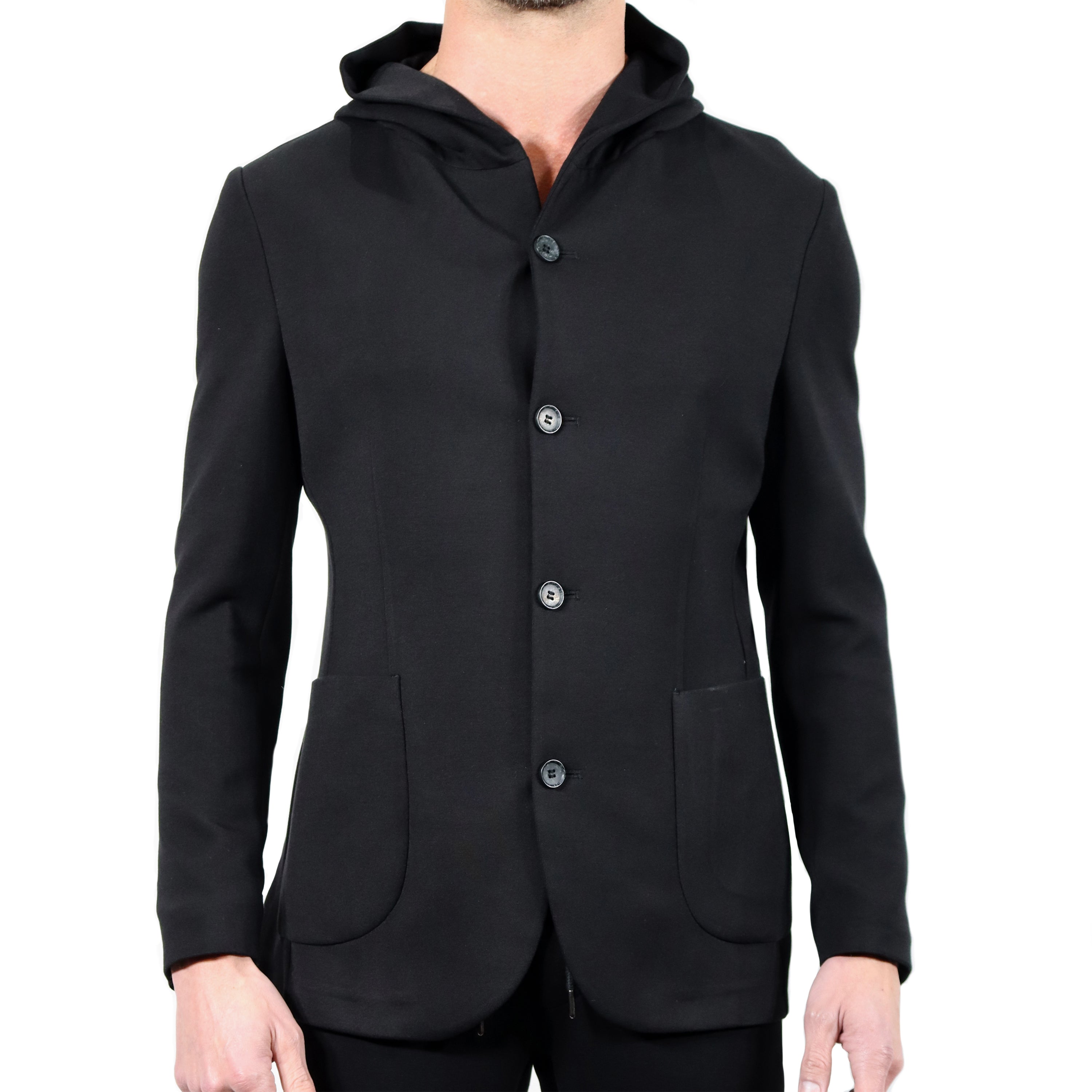 Black Knit Hooded Button Sport Coat