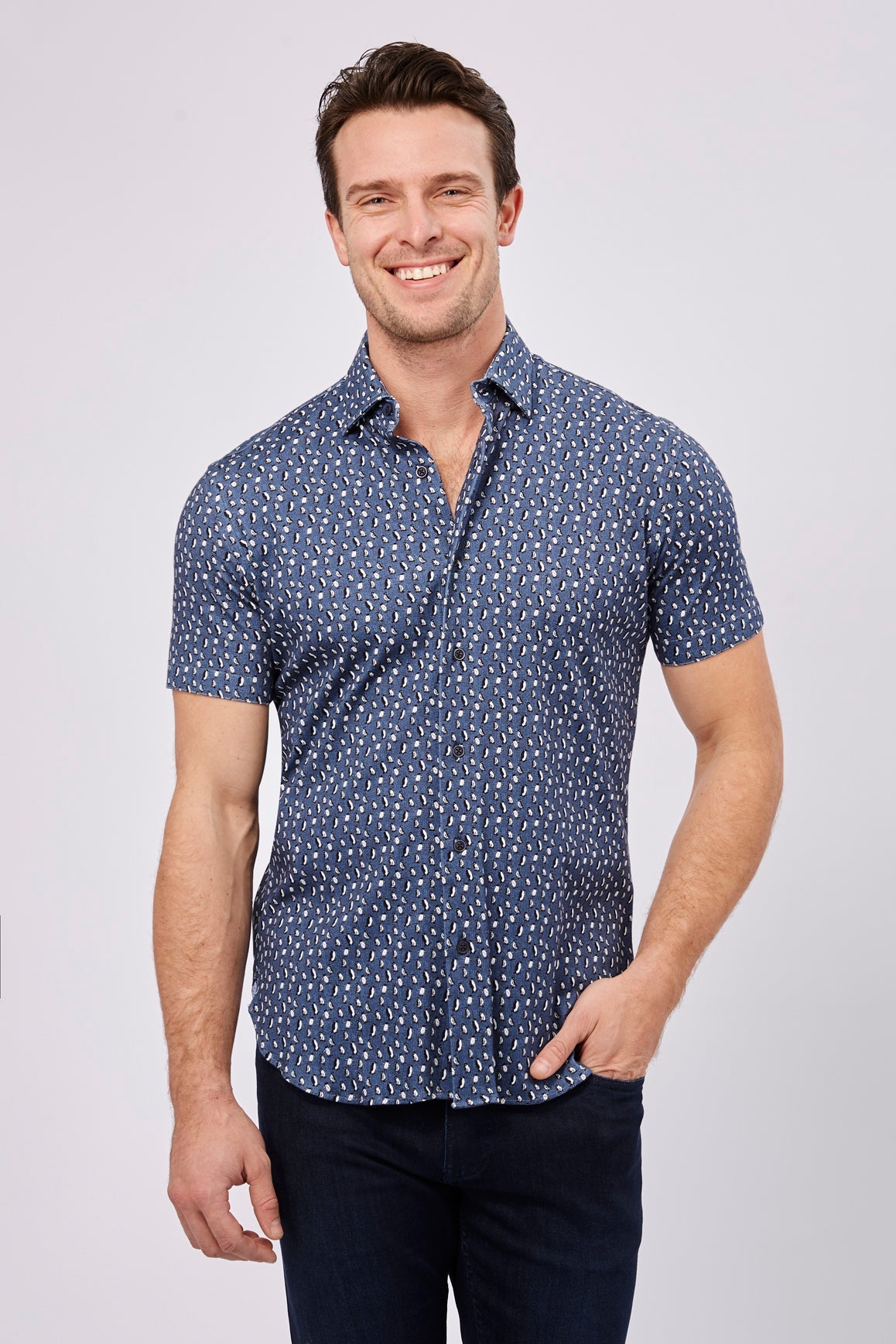 Max Colton Denim Blue with Small Penguin Design Short Sleeve Jersey Knit