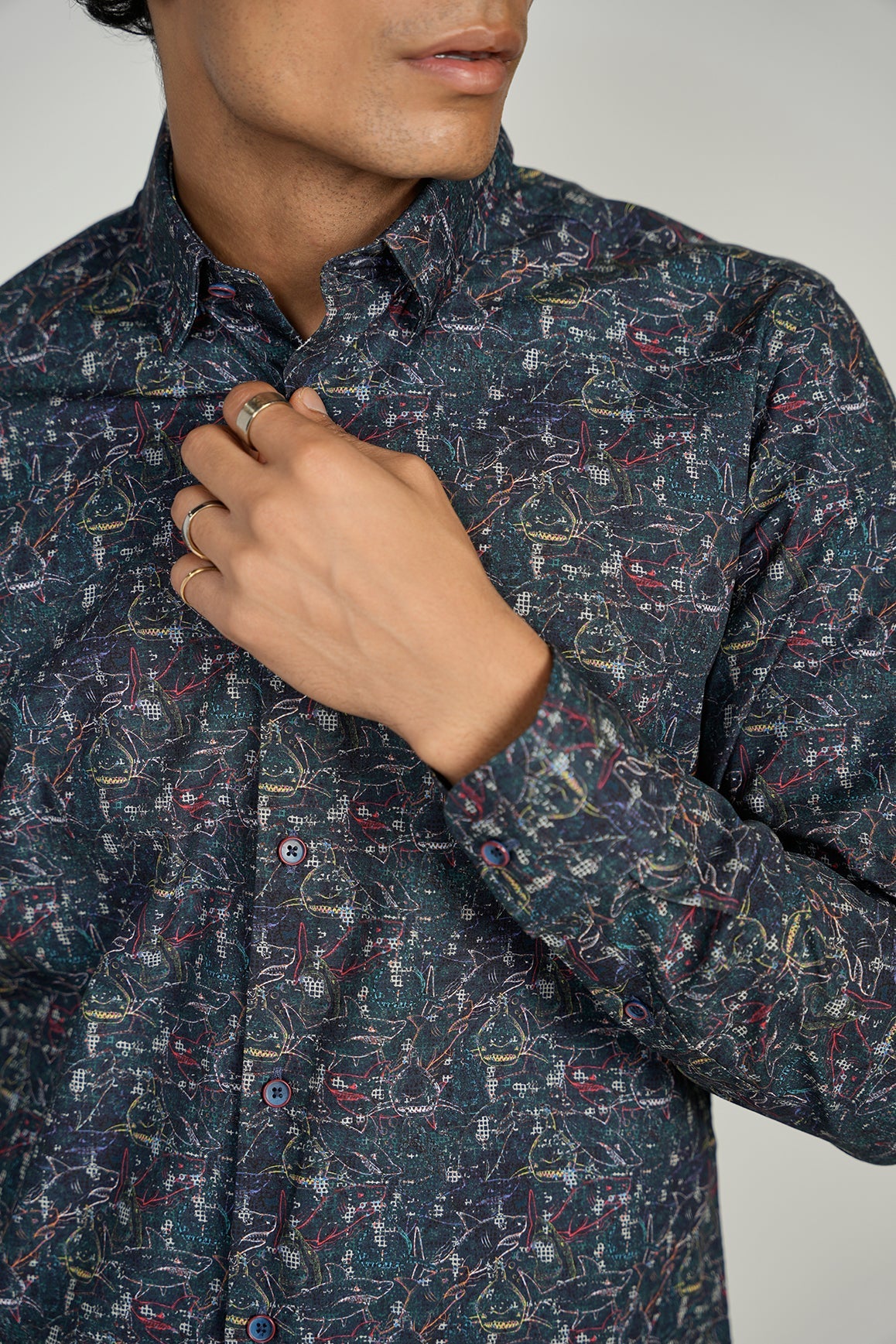 LEO Navy Shark King Cotton Shirt