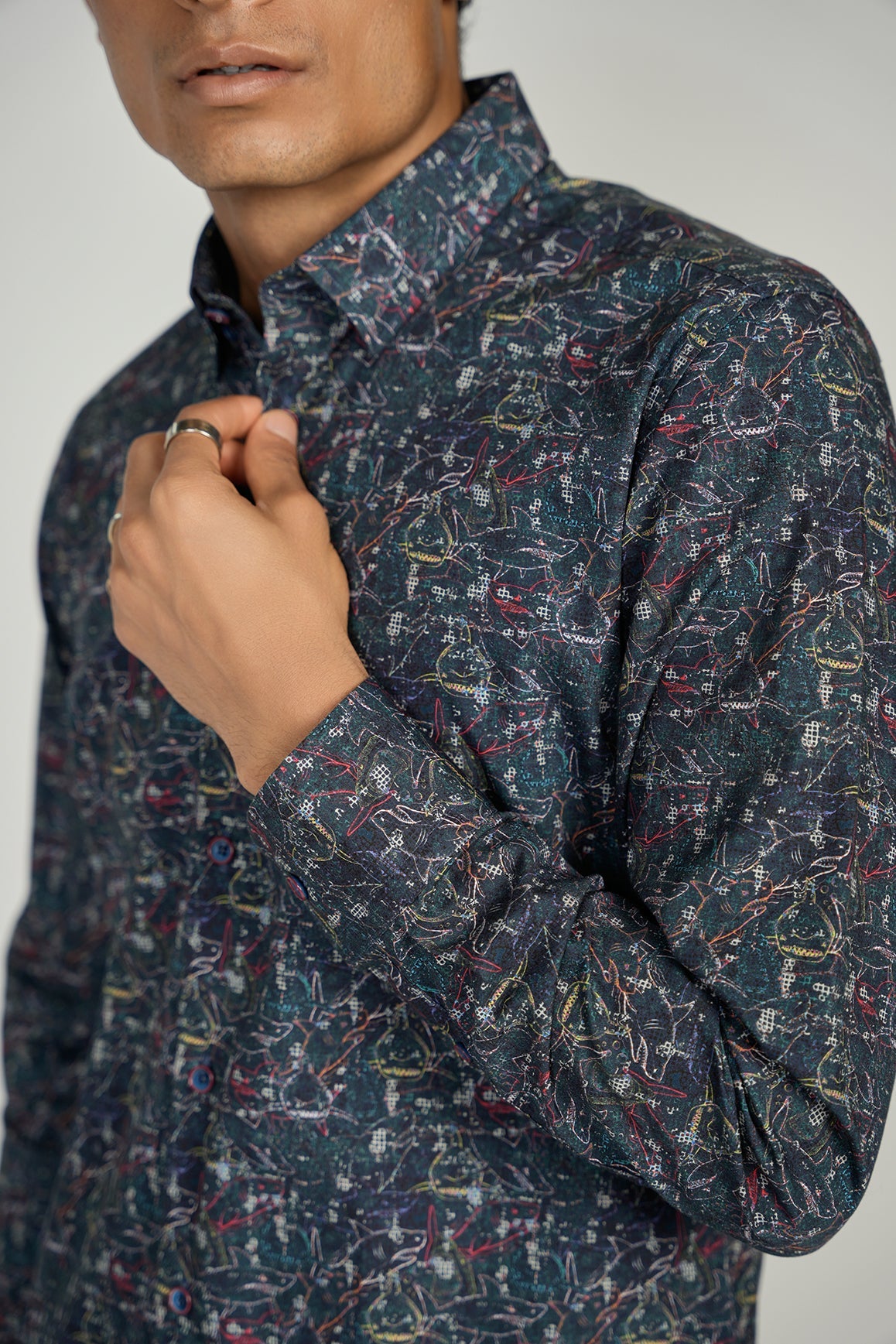 LEO Navy Shark King Cotton Shirt