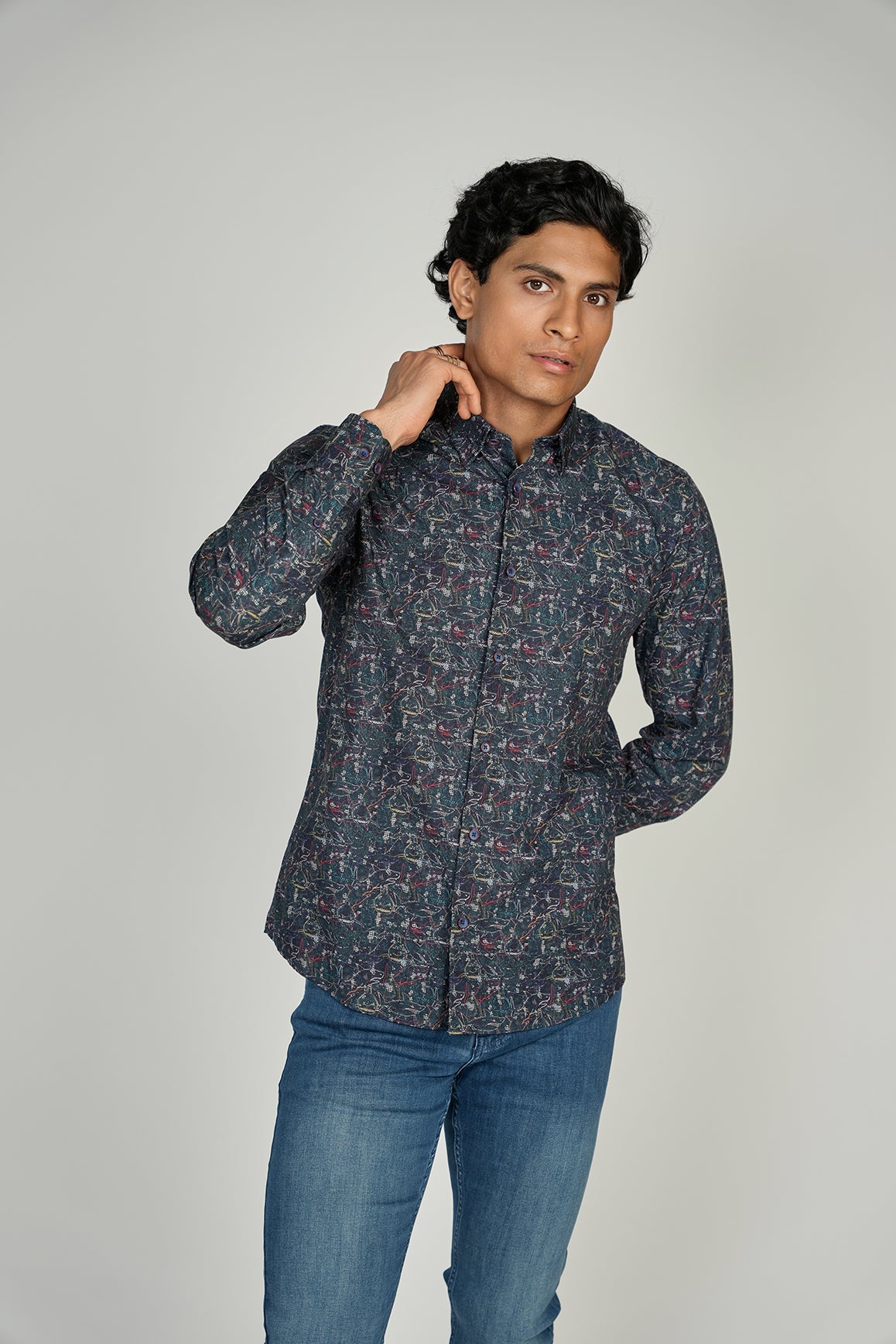 LEO Navy Shark King Cotton Shirt