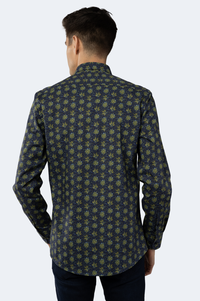 Leo Navy with Green and Blue Floral Print Shirt