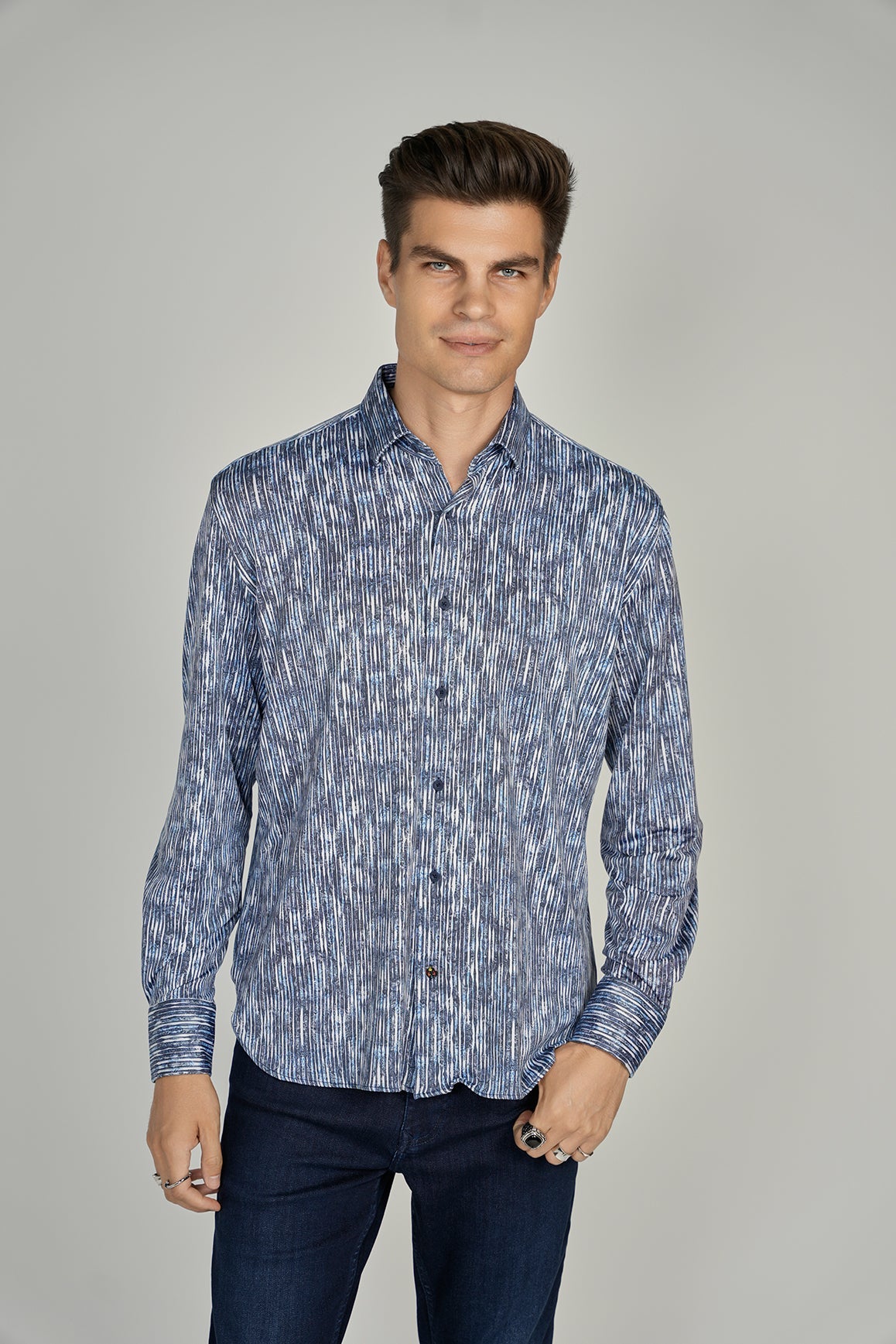 Navy and White Striped Shirt Signature Collection