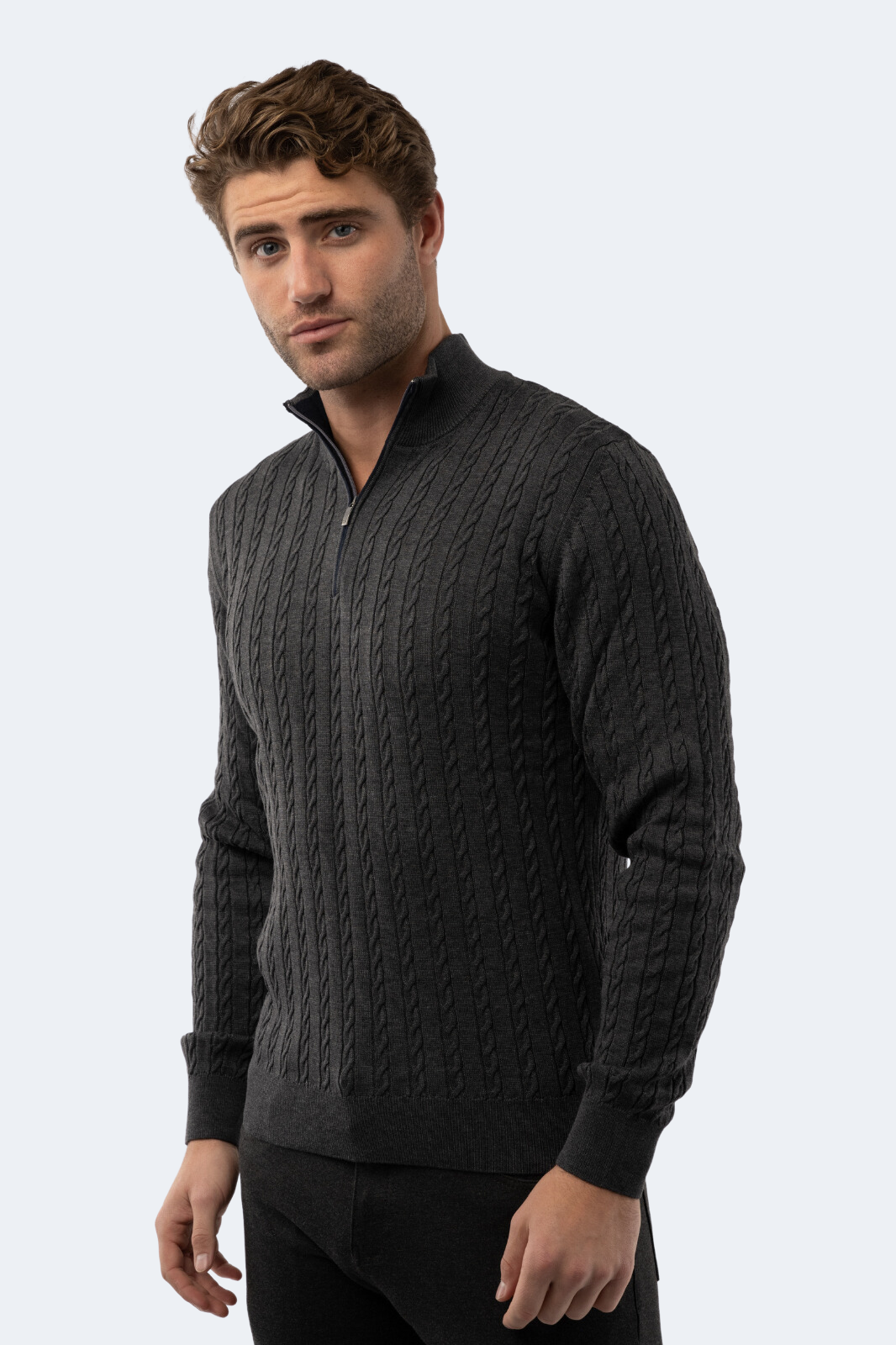 Melange Dark Grey Knit Quarter Zip Sweater