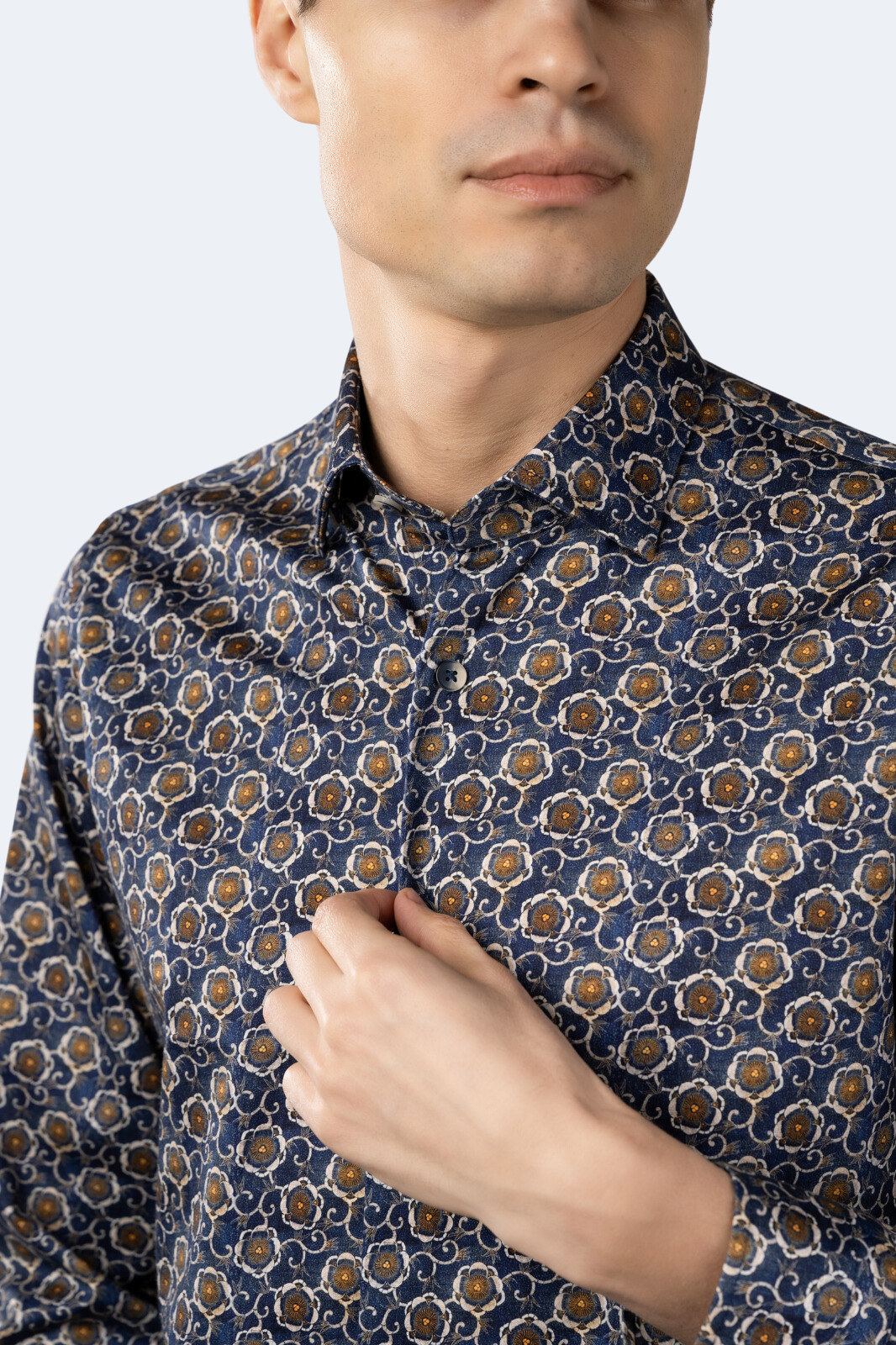 Navy with Gold, Beige and Orange Floral Shirt