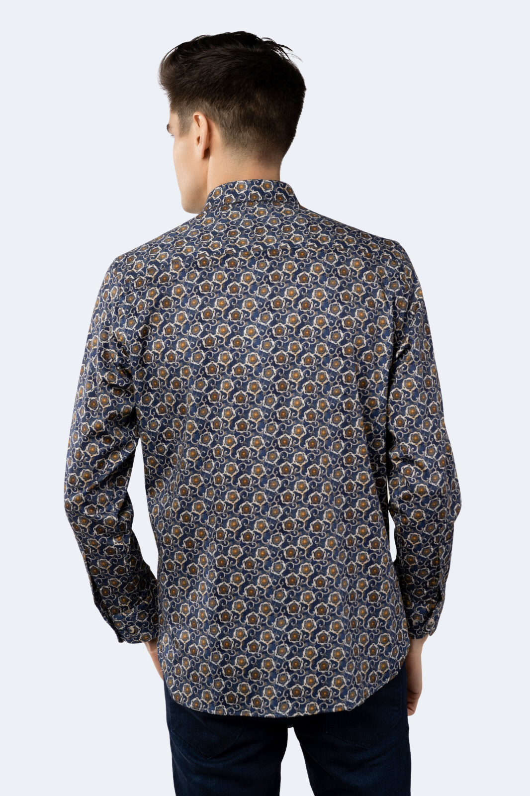 Navy with Gold, Beige and Orange Floral Shirt