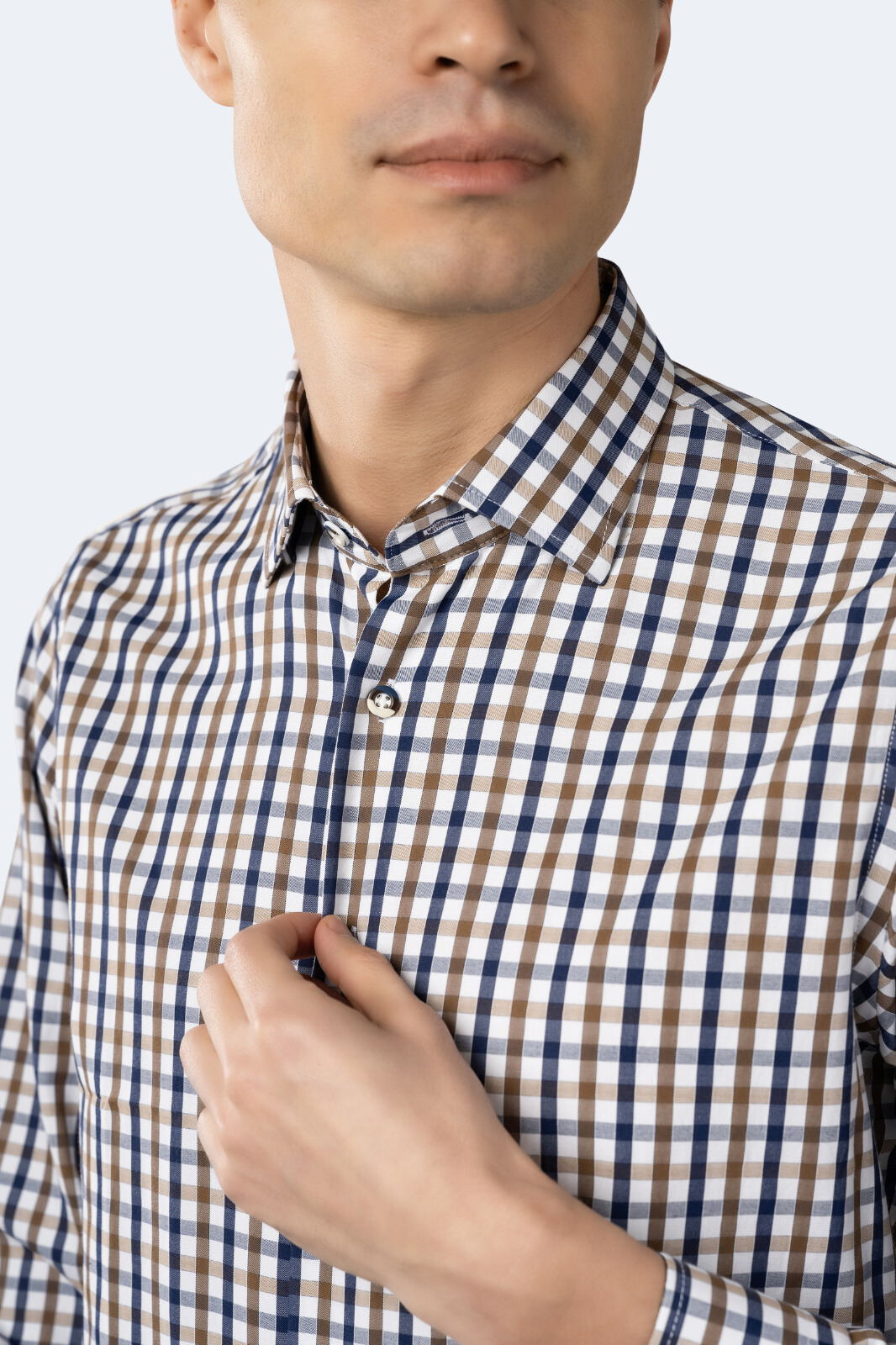 White, Beige and Navy Plaid Shirt