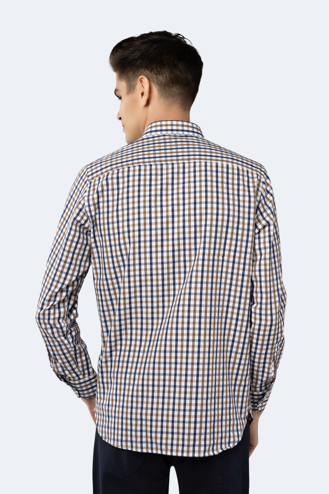 White, Beige and Navy Plaid Shirt