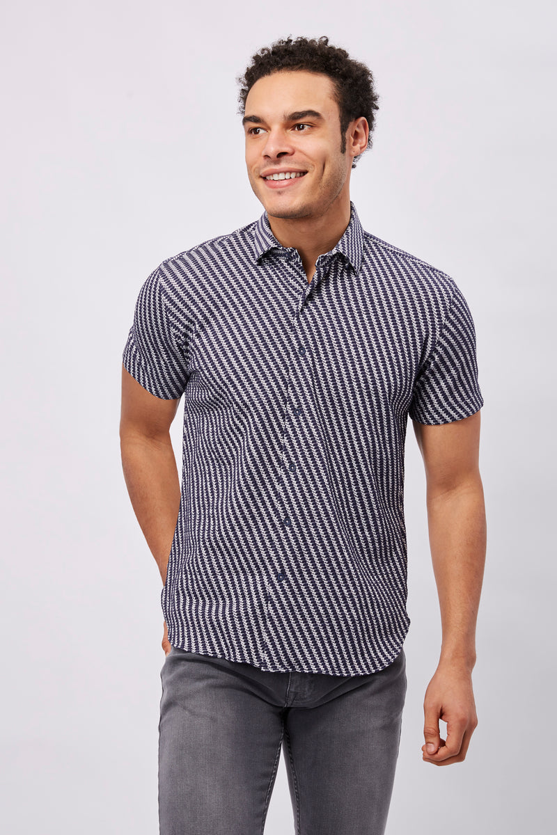 Navy and White Honeycomb Short Sleeve Jersey Knit