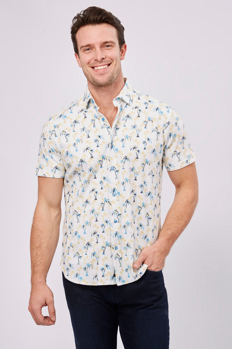 Royal Blue, Navy and Gold Palm Trees Short Sleeve Jersey Knit