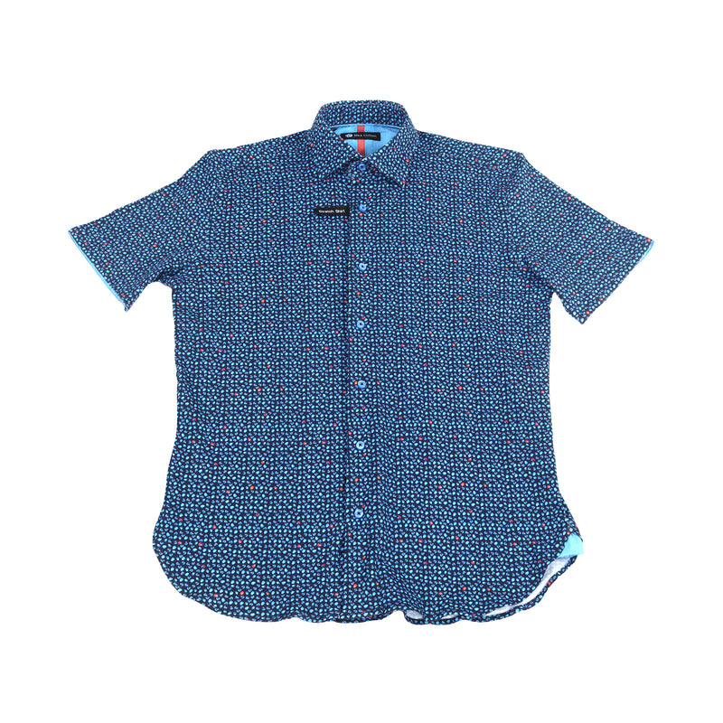 Max Colton Navy Deep Sky Blue Orange Acorn Design Short Sleeve Jersey Knit