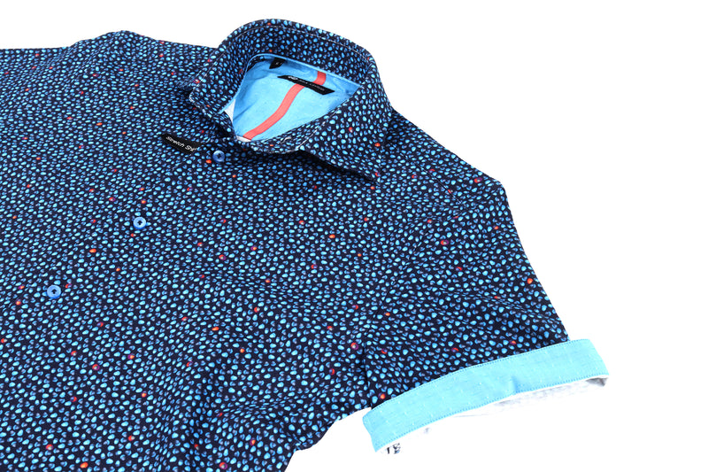 Max Colton Navy Deep Sky Blue Orange Acorn Design Short Sleeve Jersey Knit