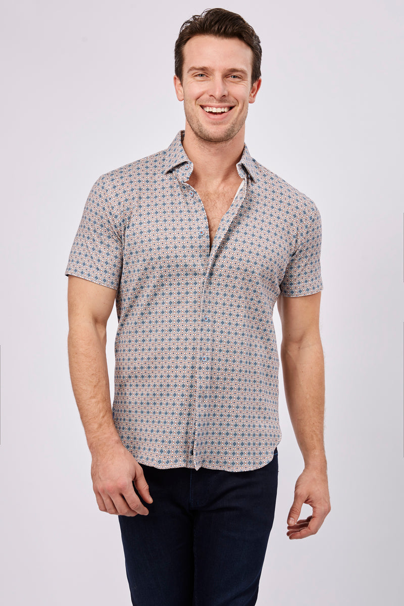 Orange,Brown,Blue and Navy Floral Designs Short Sleeve Jersey Knit