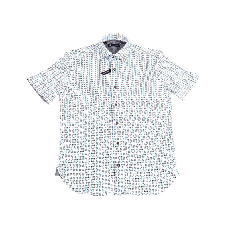 White with Light Cyan and Black Circles Short Sleeve Jersey Knit