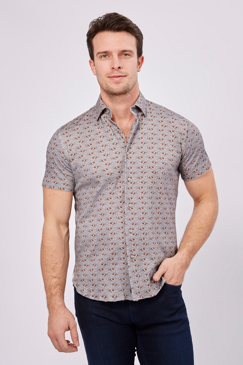 Grey with Old Fashioned Cars Short Sleeve Jersey Knit