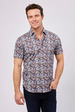 White with Black, Purple, Orange, Magenta, Blue and Navy Flowers Short Sleeve Jersey Knit