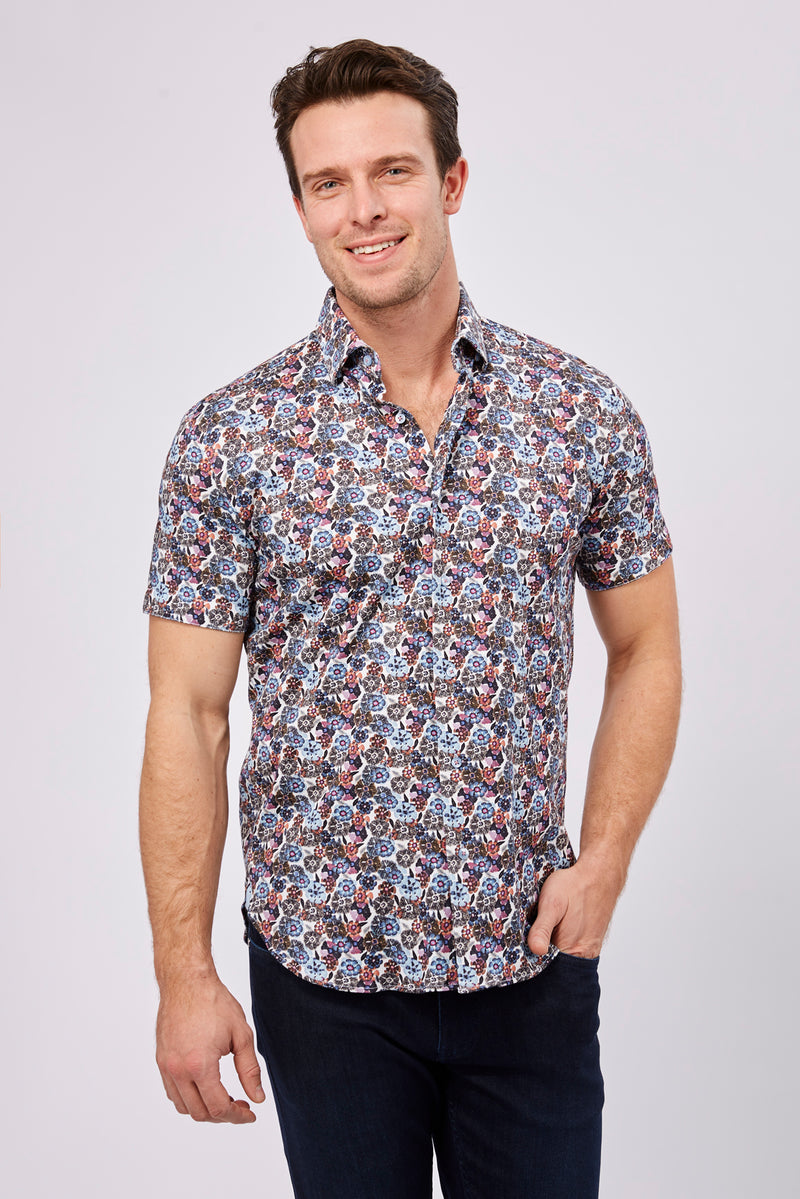 White with Black, Purple, Orange, Magenta, Blue and Navy Flowers Short Sleeve Jersey Knit