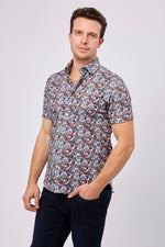 Max Colton White with Black, Purple, Orange, Magenta, Blue and Navy Flowers Short Sleeve Jersey Knit