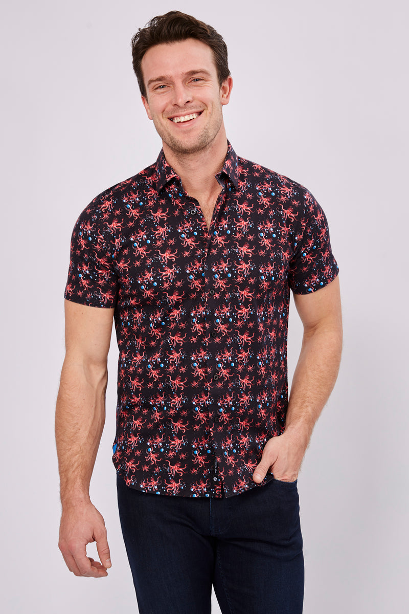 Black with red Octopus and Blue Bubbles Short Sleeve Shirt