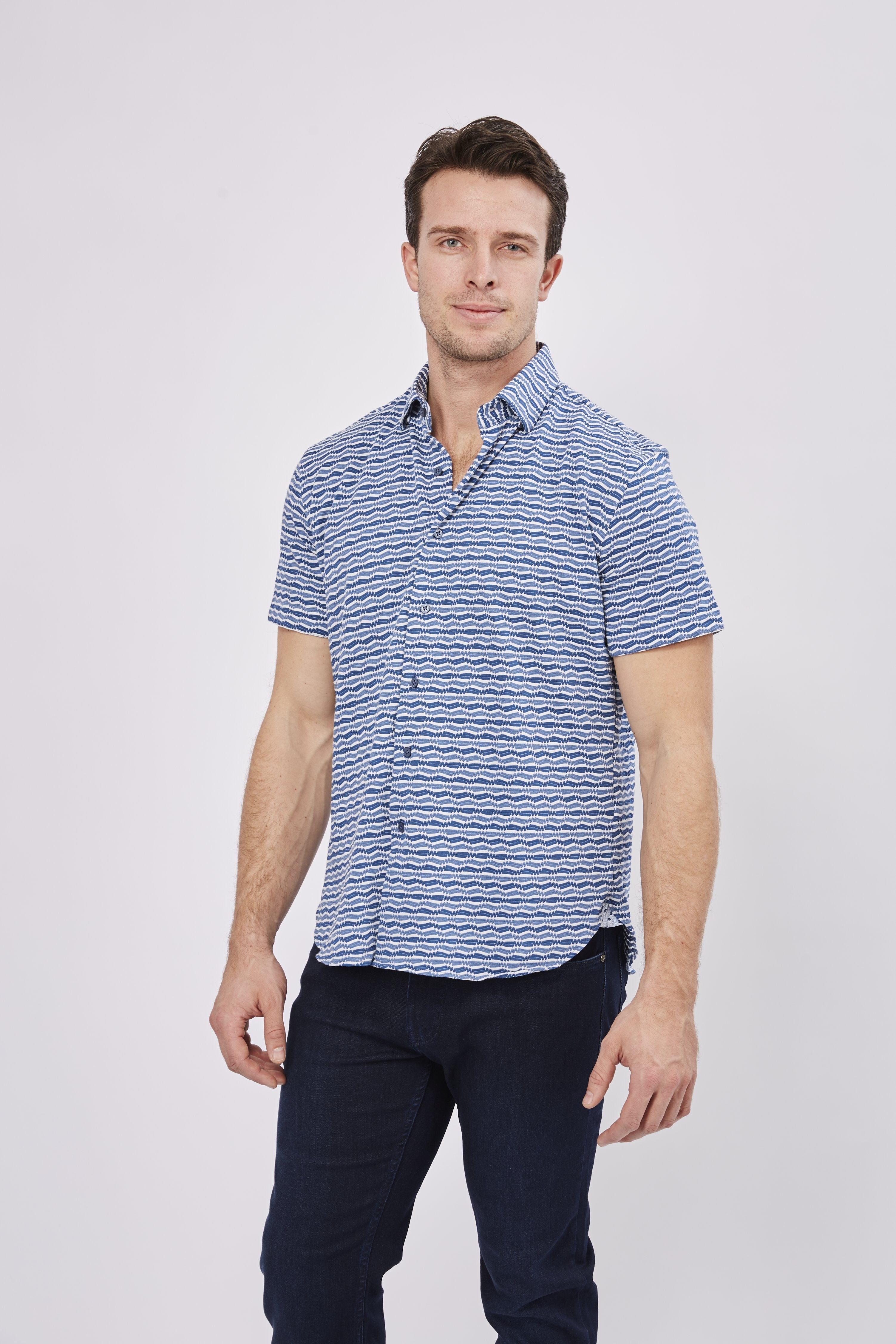 Navy and Blue Swiggle Stripe Short Sleeve Jersey Knit