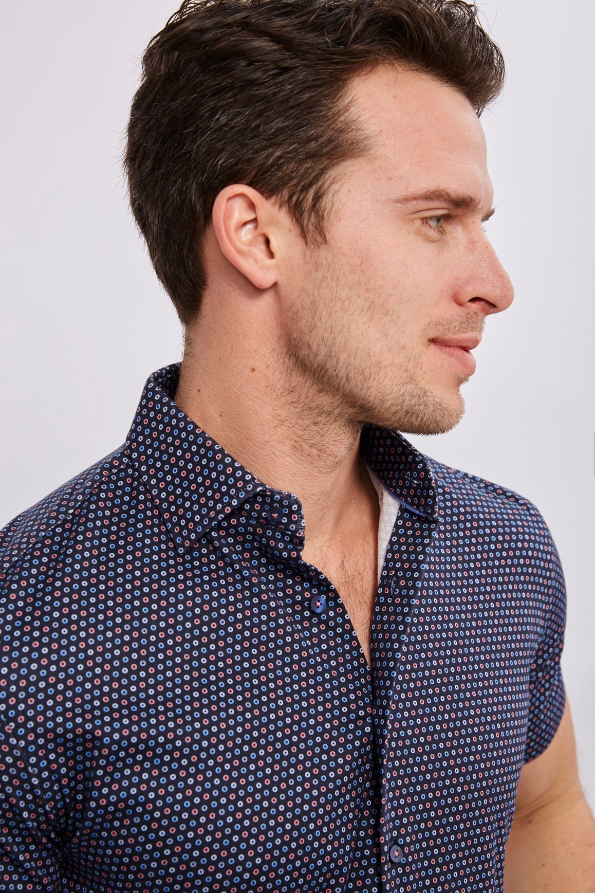 Max Colton Navy in Red, Purple and Blue Mini Circles Short Sleeve Jersey Knit