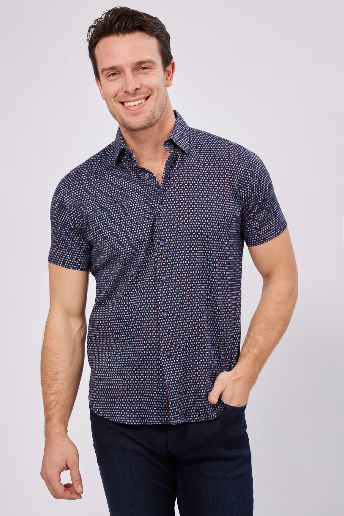 Max Colton Navy in Red, Purple and Blue Mini Circles Short Sleeve Jersey Knit