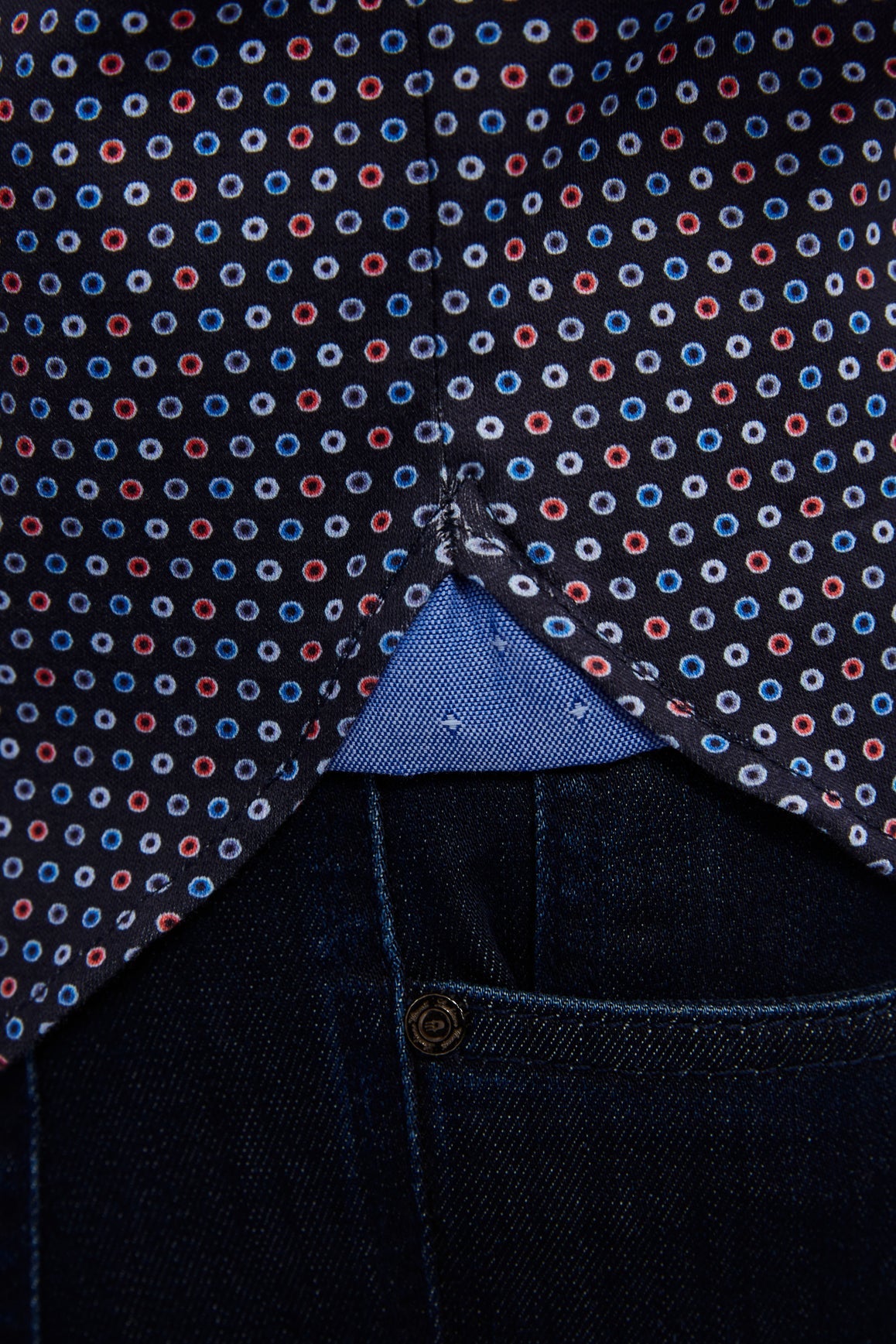 Max Colton Navy in Red, Purple and Blue Mini Circles Short Sleeve Jersey Knit