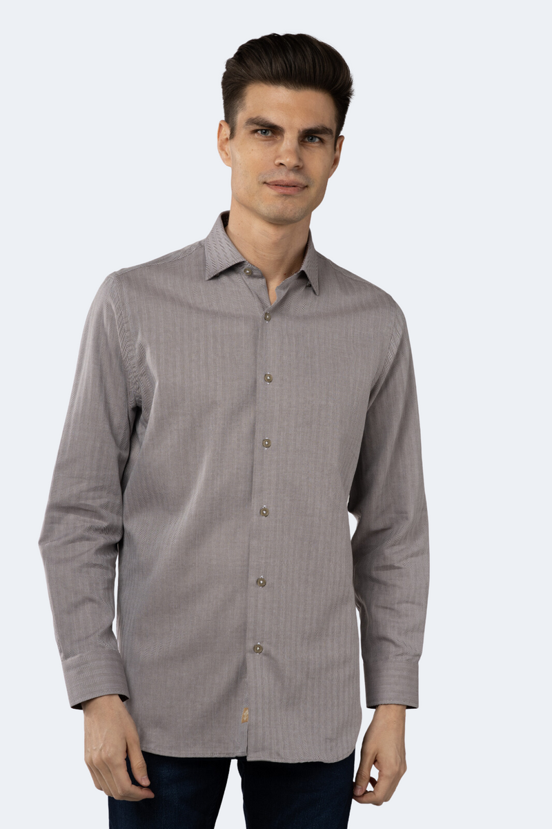 Brown and White Self Stripe Jacquard Shirt