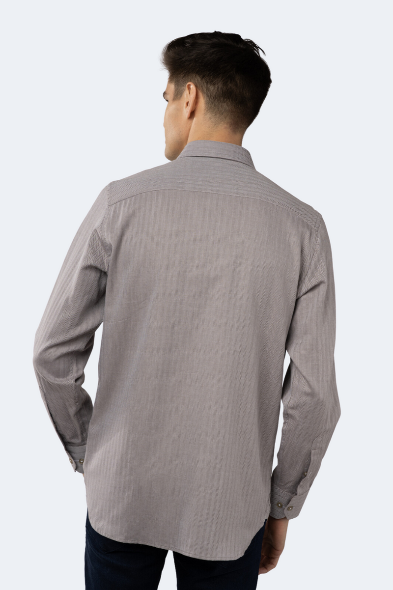 Brown and White Self Stripe Jacquard Shirt