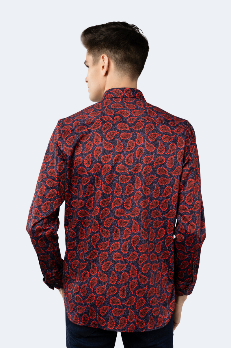 Black and Purple with Bright Red Paisley Shirt