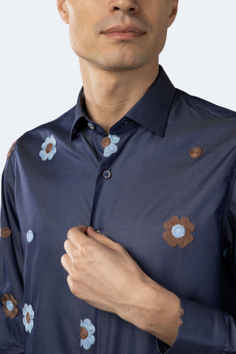 Independence Blue Embroidered Floral Shirt