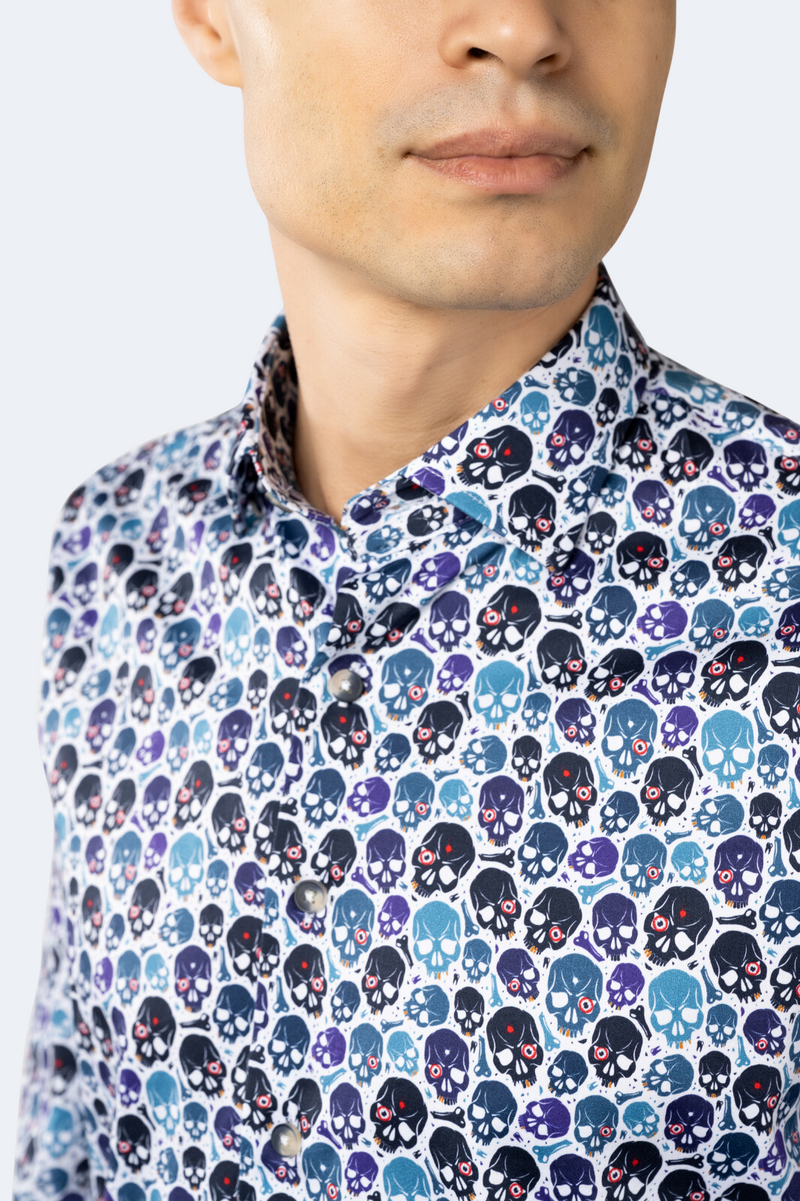 FW23 White with Teal, Turquoise and Purple Skull Shirt