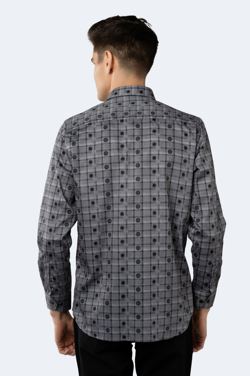 Grey with Black Jacquard Plaid and Circle Shirt