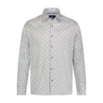 White, Blue, and Tan Geometric Petal Print Long Sleeve Shirt